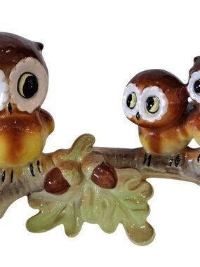 VTG  Japan Ceramic Owl Family Figurine On Tree Branch Acorn Art Home Decor  MCM